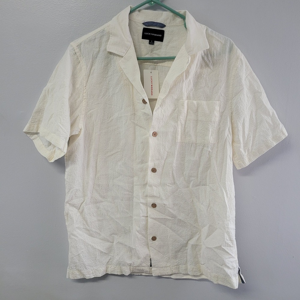 Lucky Brand Mens Seersucker Short Sleeve Button Down‎ Shirt Cotton White Small